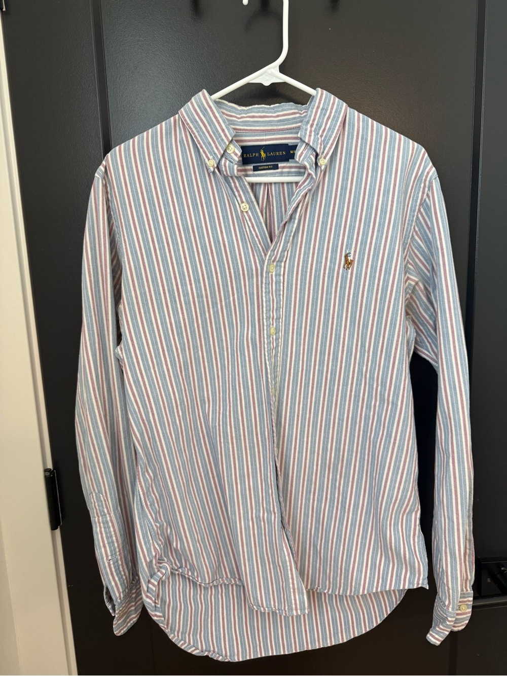 Vintage Ralph Lauren Men’s Blue and White Stripe Button-Down Shirt
